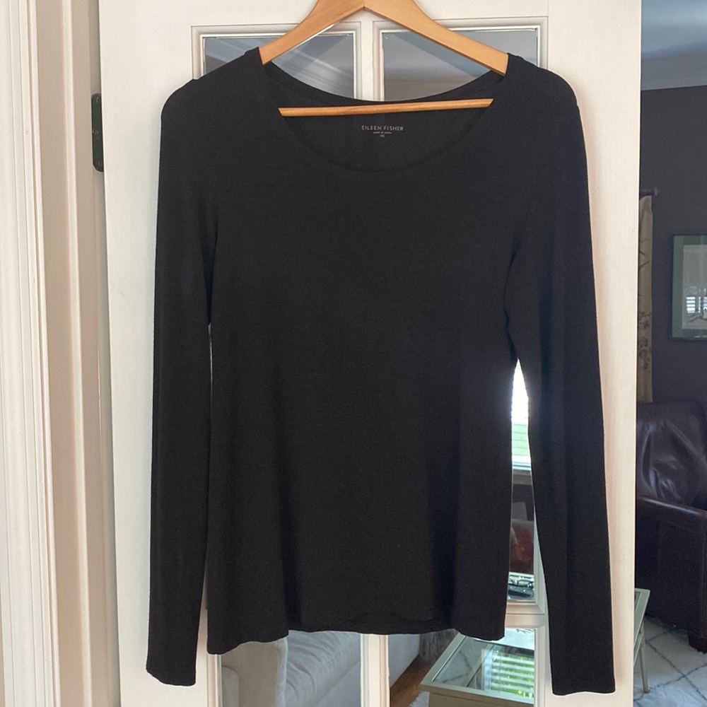 EILEEN FISHER Long Sleeve Heathered Black Viscose Top XS